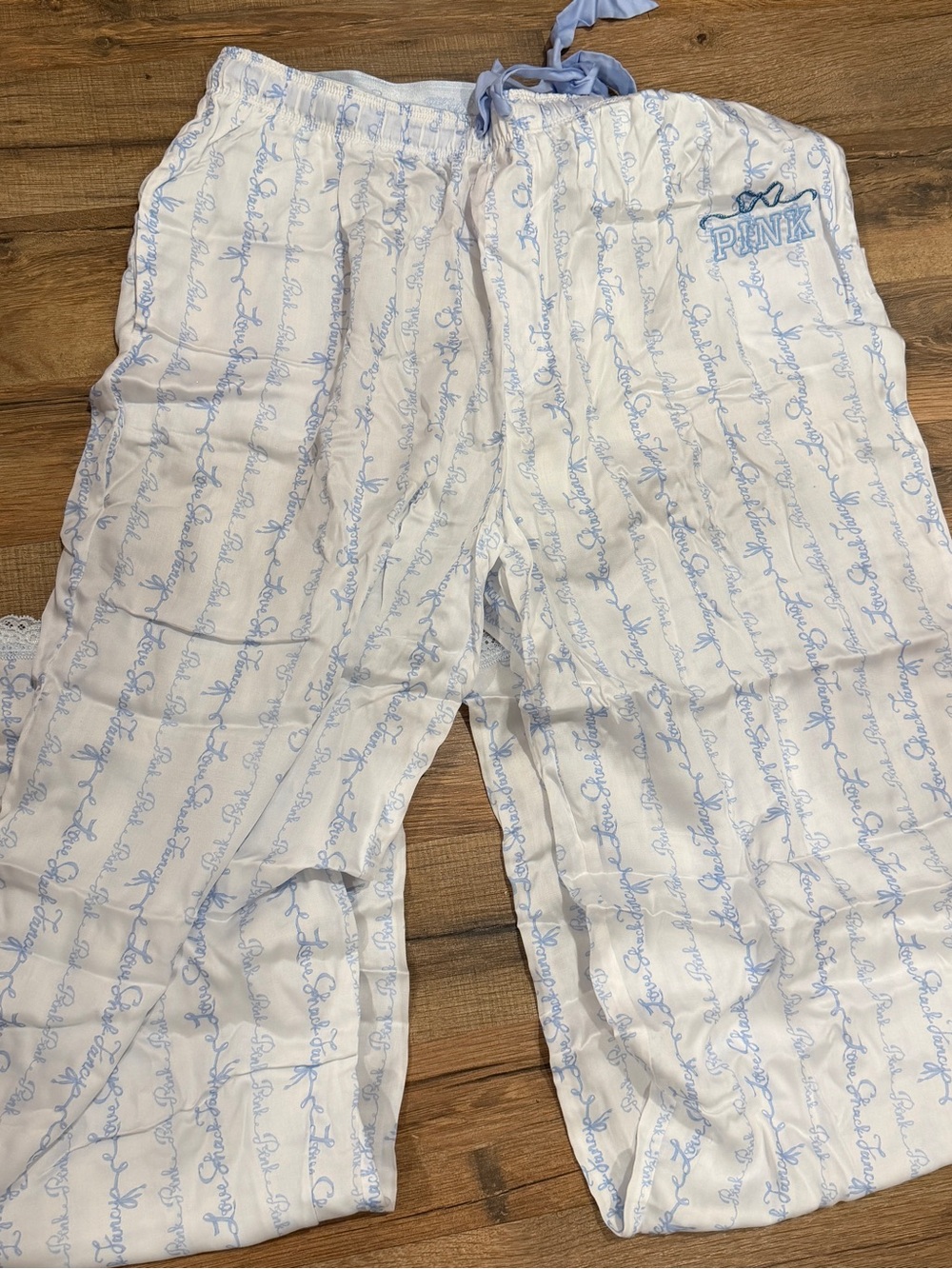 LoveShackFancy White Pajama Pants with Light Blue Script